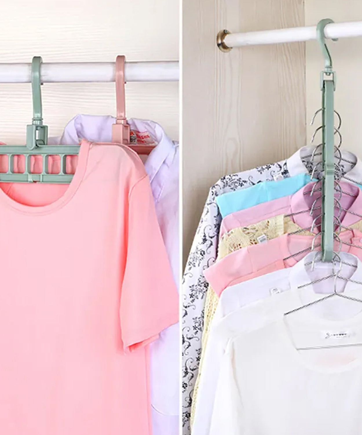 Clothes organization hanger hooks for wardrobe and balcony use.