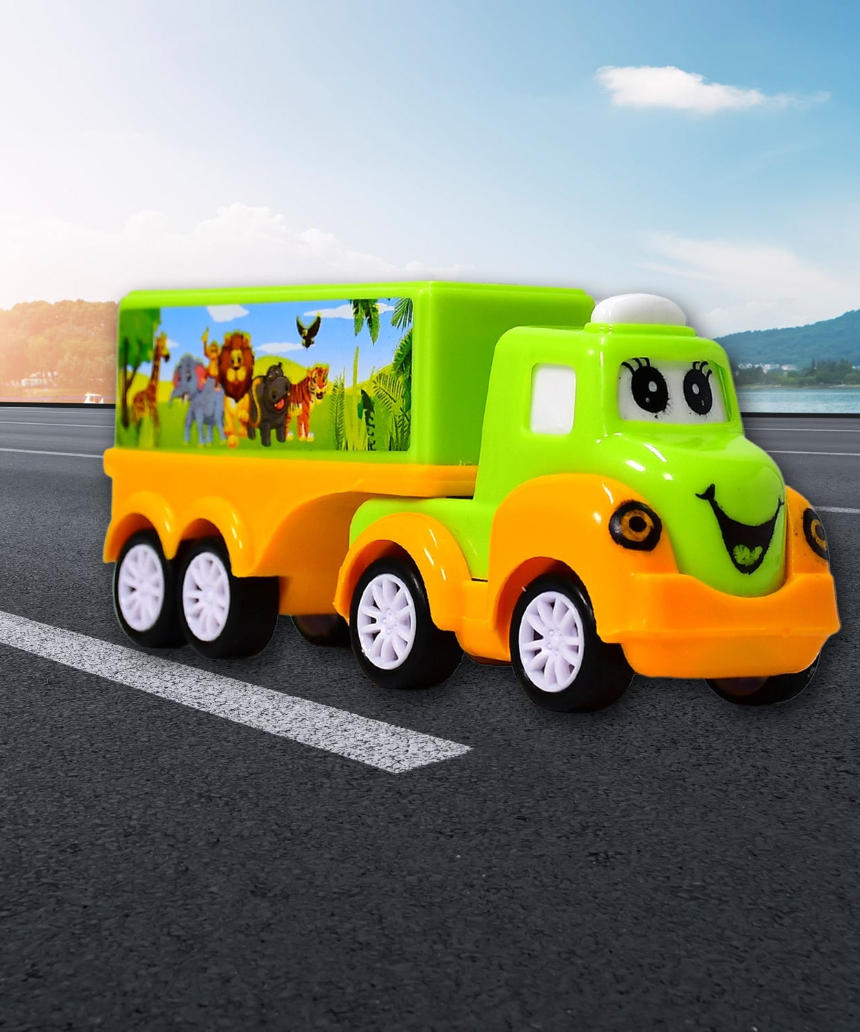 Small toy truck in green and yellow for children