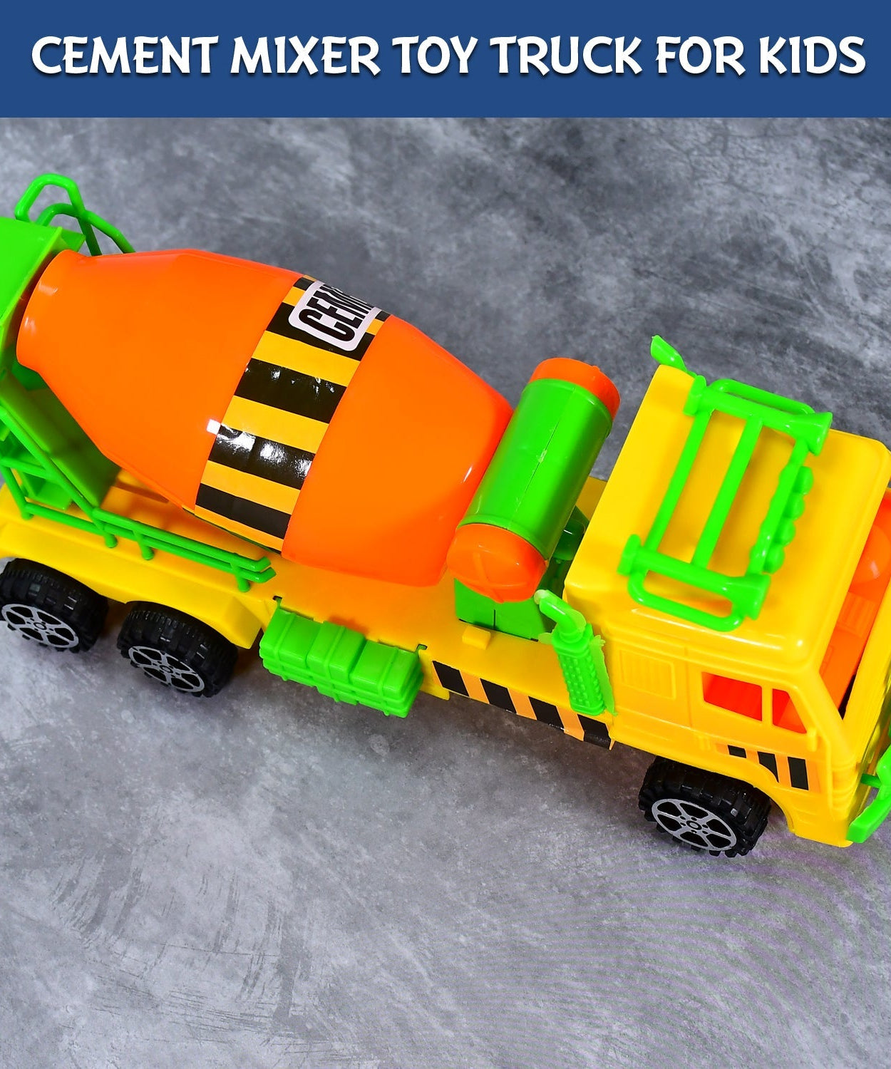 Pushback truck toy with cement mixer