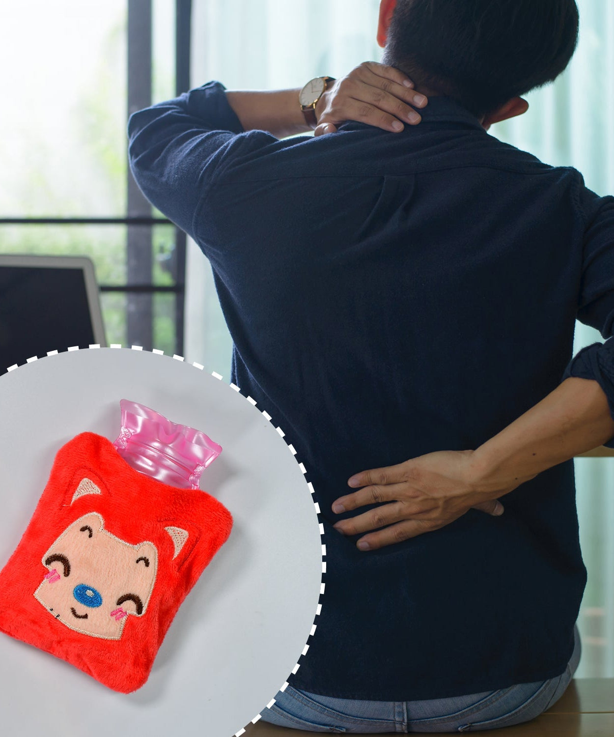 Small hot water bag with pink cat design, ideal for pain relief and warmth