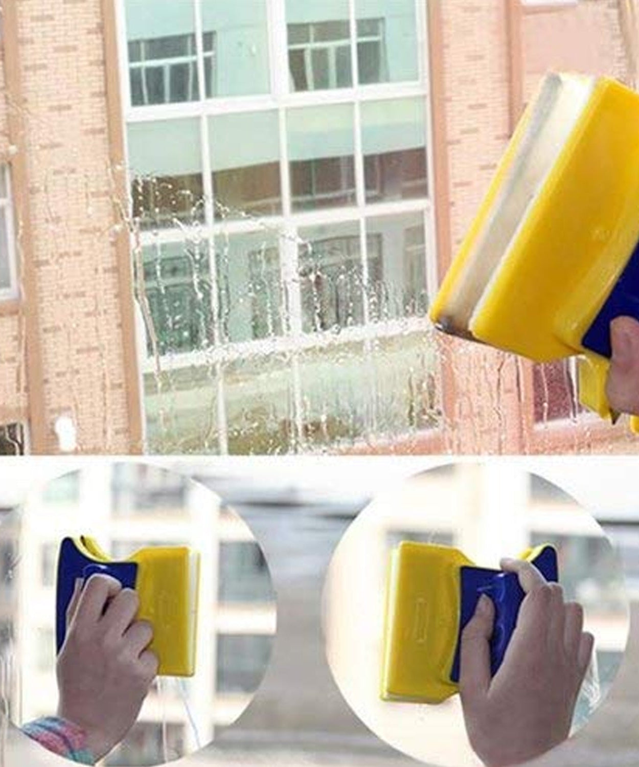 image of the double-sided window cleaner, emphasizing the cleaning pads and tool structure