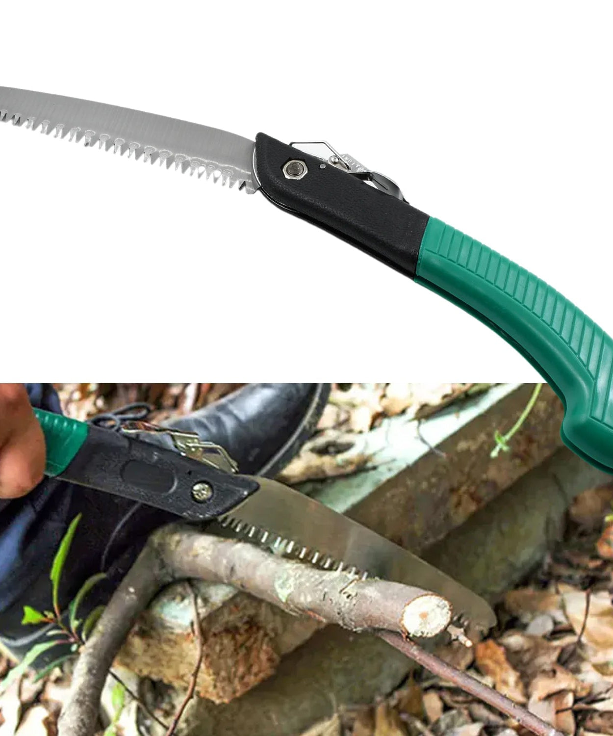Folding saw for tree trimming and wood cutting, compact and versatile for outdoor use.