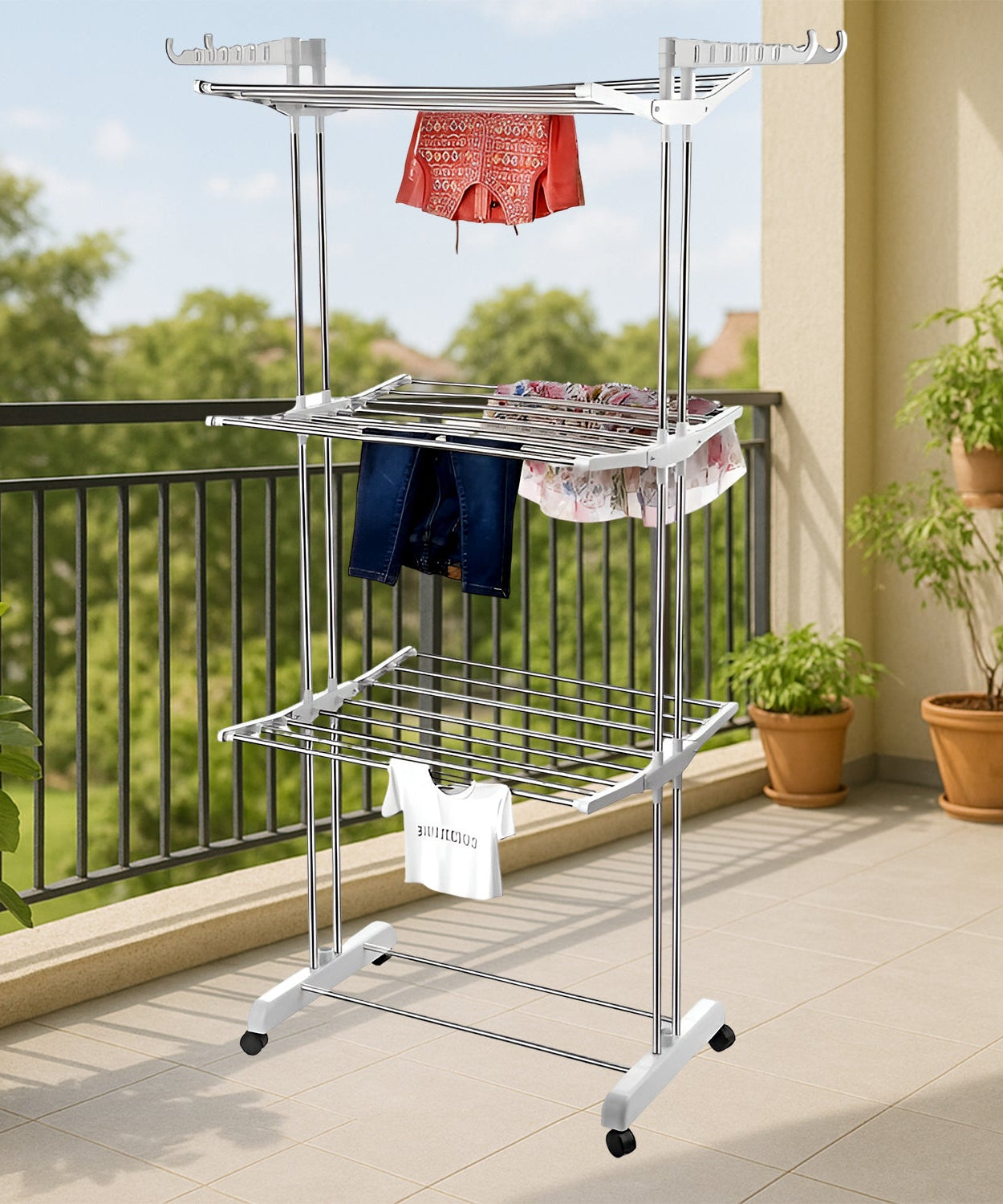 3-Tier Foldable Stainless Steel Cloth Drying Stand with Wheels