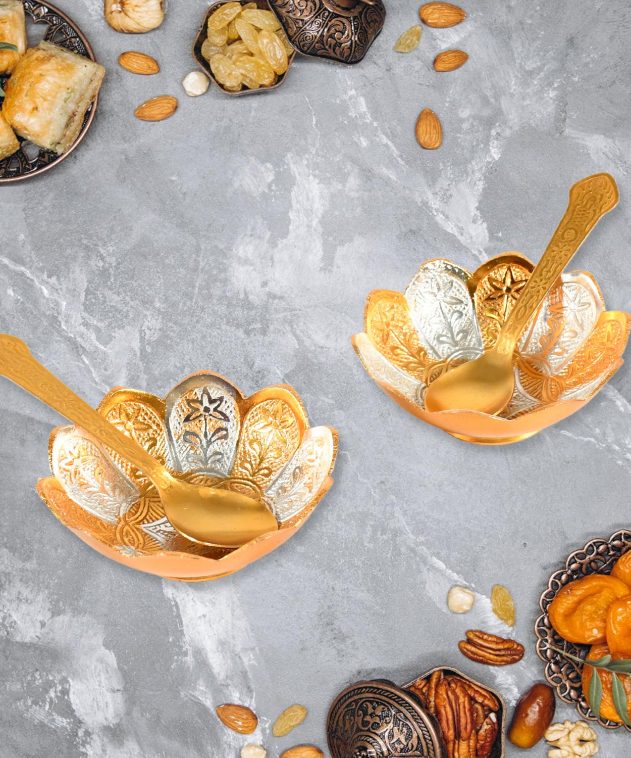 5in1 Gold Silver Plated 2 Bowl 2 Spoon Tray Set Brass with Red Velvet Gift Box Serving Dry Fruits Desserts Gift