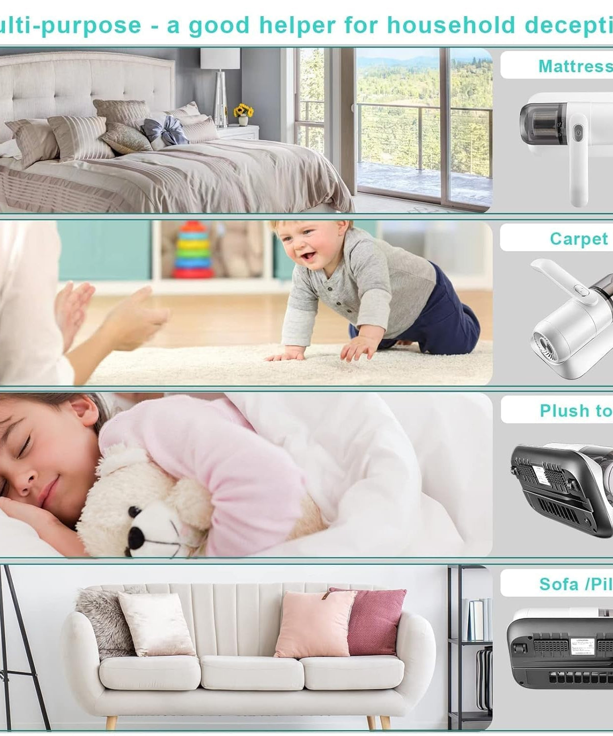 Powerful Suction Portable Handheld Vacuum Cleaner - Low Noise Vacuum Cleaner for Bed - Cordless Vacuum Cleaner for Car Seat Crevices Pillows, Mattresses, Sofas Wireless Anti Dust and Mite Cleaner