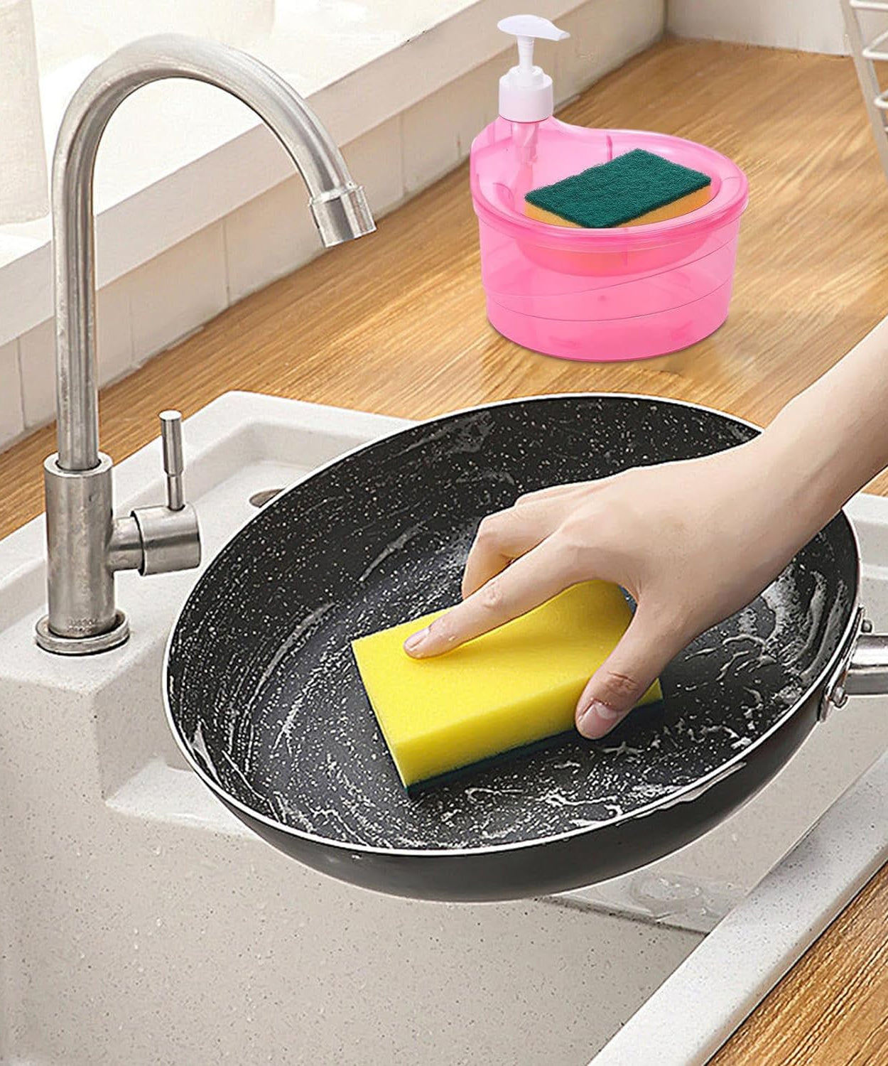 2-in-1 Double Layer Liquid Soap Dispenser with Pump & Sponge – Practical Kitchen & Hotel Sink Soap Pump Bottle (Rectangle)