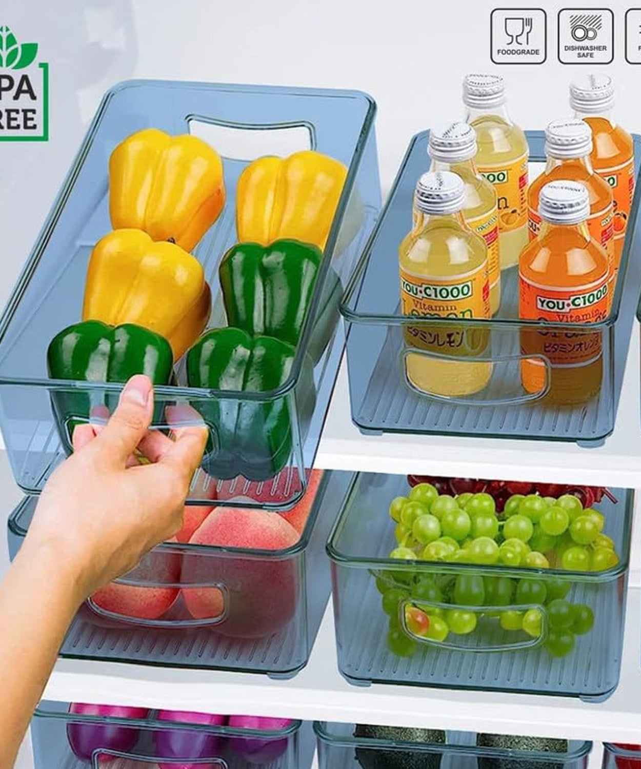 Plastic Refrigerator Organizer Bins, Set Of 2 Stackable Fridge Organizers with Handle, Clear Organizing Food Fruit Vegetables Pantry Storage Bins for Freezer kitchen Cabinet Organization and Storage (2 Pcs Set Mix Color)