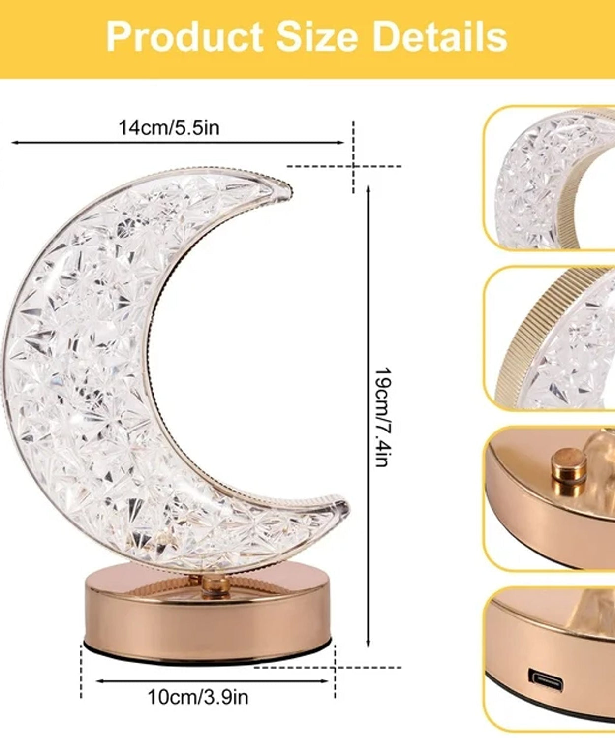 Crystal Table Lamp | Moon Shape Touch Control Lamp with 3 Color | Metal Bedside Lamp for Kids Bedroom Romantic Desktop Nightstand | Stepless Dimming USB Charging Touch Night Light