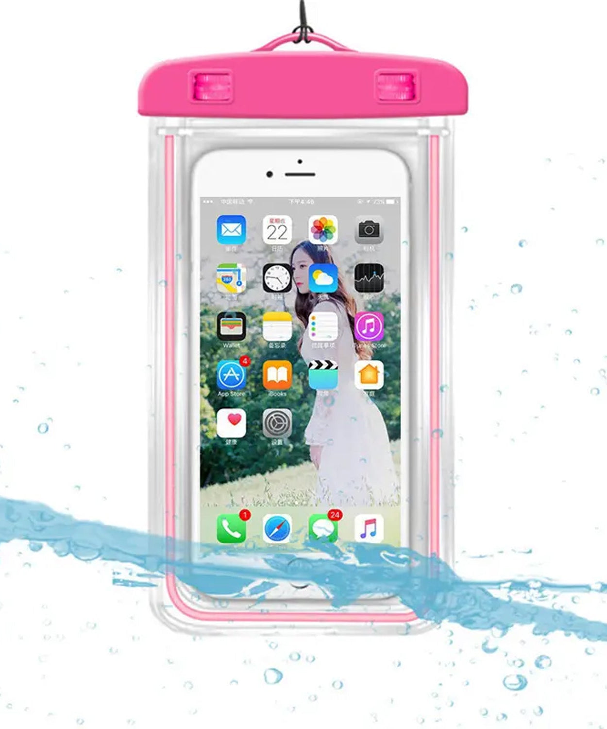 Mobile cover with zip lock and waterproof features, protects phones in wet conditions.