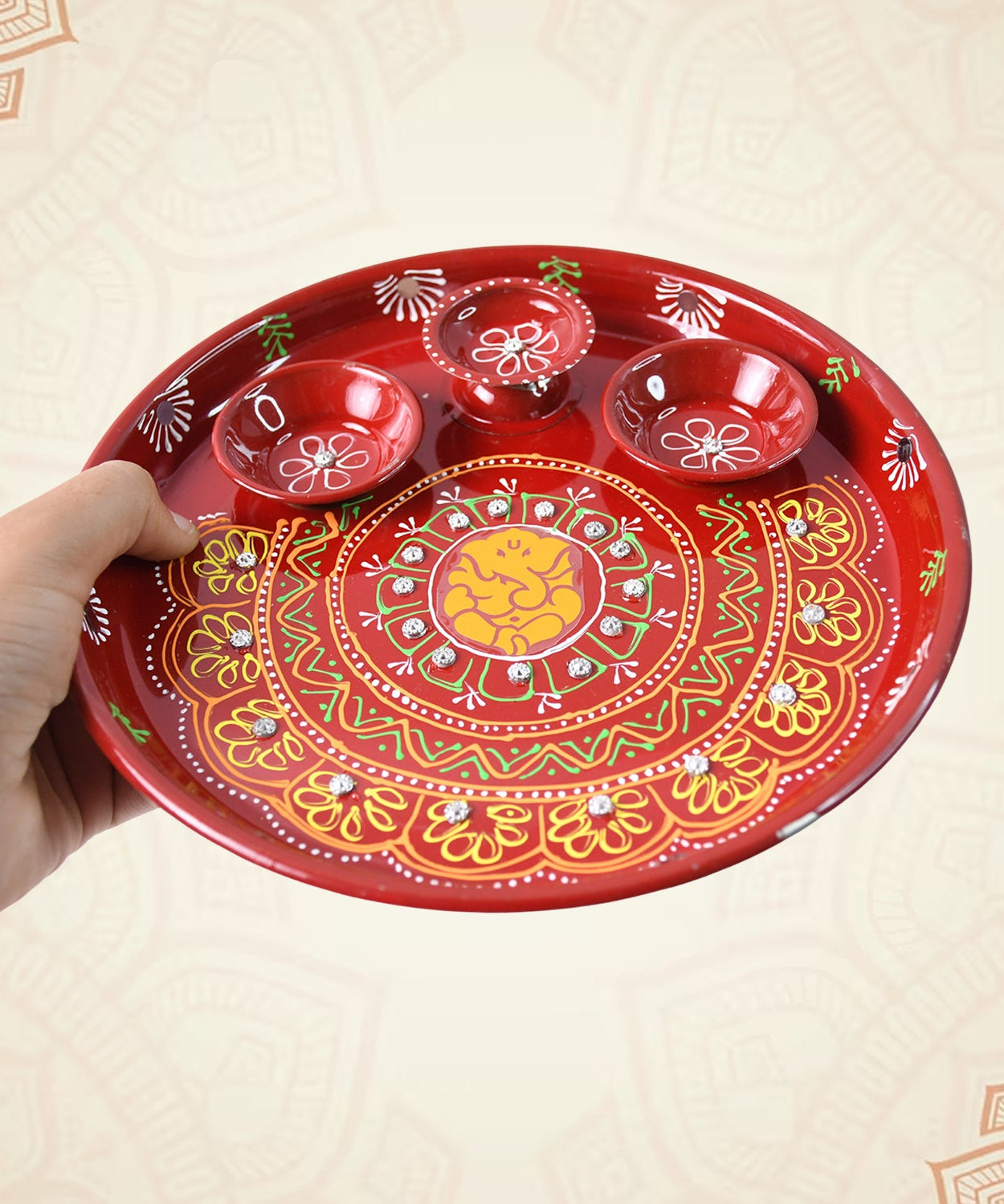 Hand-Painted Decorative Pooja Thali with Ganesha Motif and Diyas