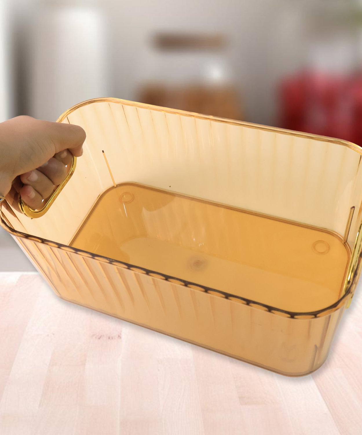 Premium Ribbed Transparent Storage Basket with Gold Handle – Multipurpose Kitchen &amp; Home Organizer Box (25x14cm / 2 Pc)