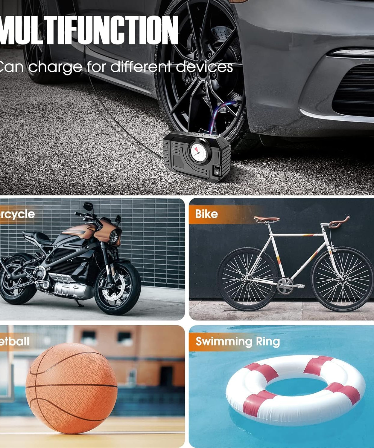 Tire Inflator Portable Air Compressor 12V Small Air Pump for Car Tires Bicycle Balloons, Cars, Bike, Bicycles and Other Inflatables with LED Light (12V)