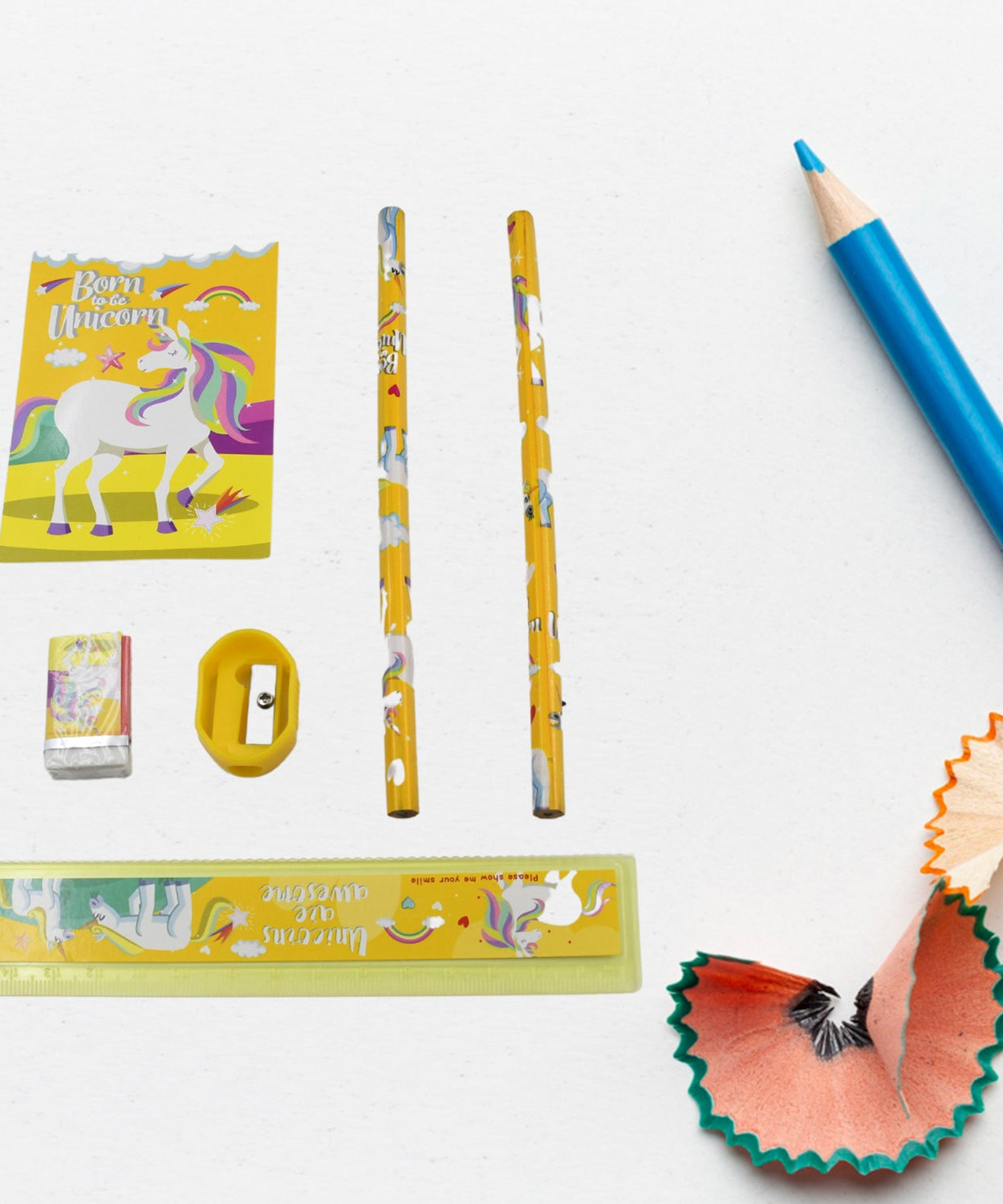 School stationary set with pencils, ruler, and sharpener