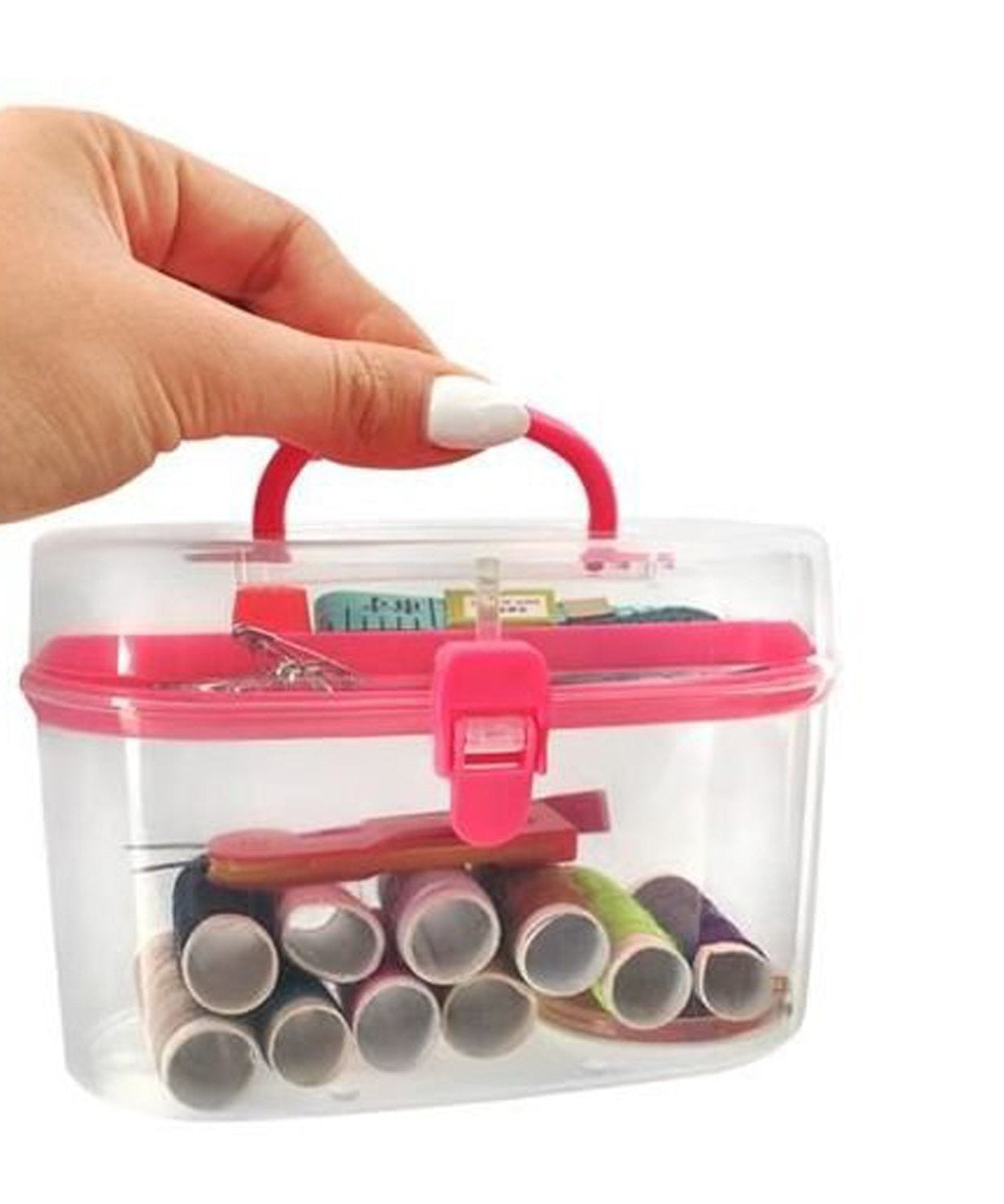 Portable sewing box showing all essential tools for travel sewing needs