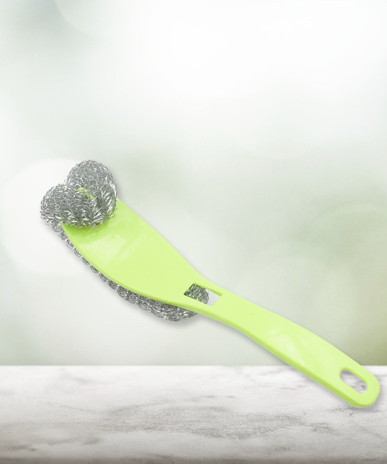 Pot washing brush with small head and flexible handle for better grip.