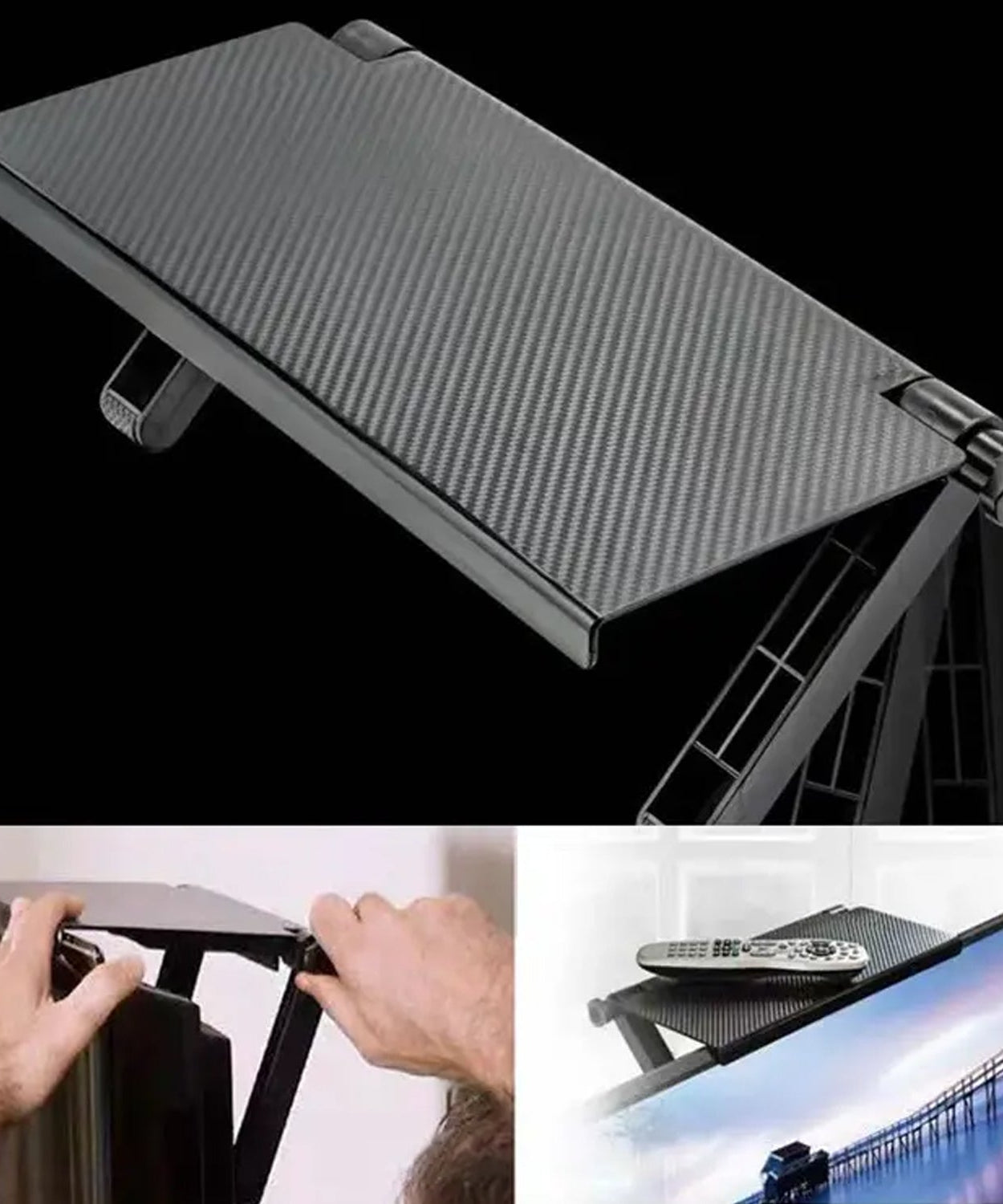 Adjustable monitor shelf for TV, suitable for additional storage.