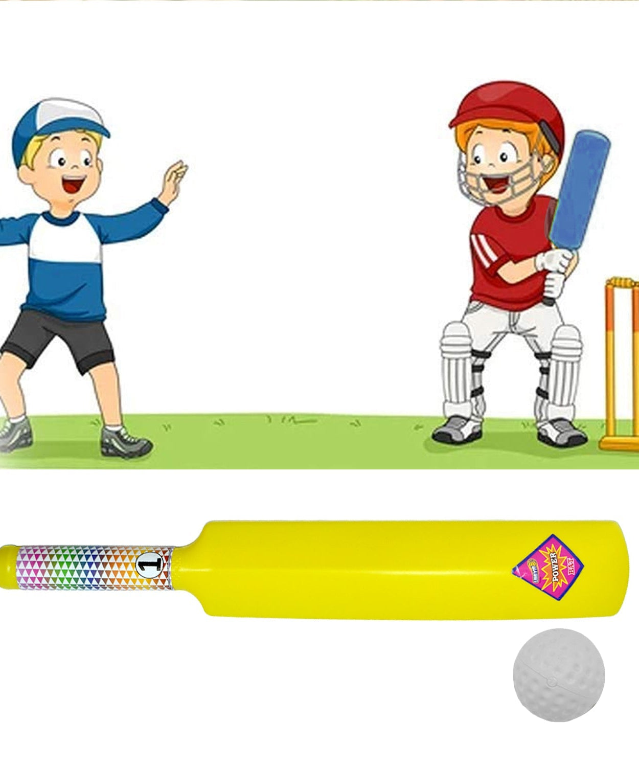 Plastic cricket bat and ball set for kids, showing vibrant colors