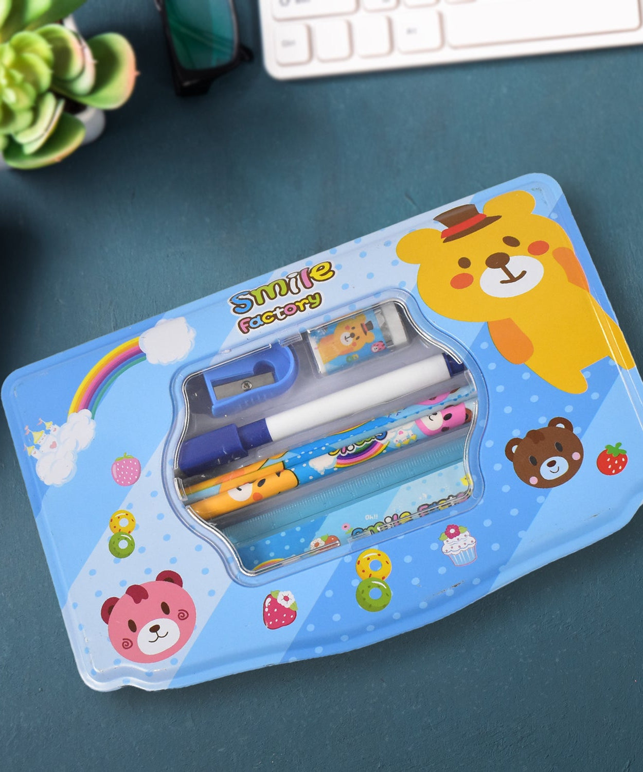 Cartoon Metal Compass Box for Kids with Stationery (6 Pc Set)