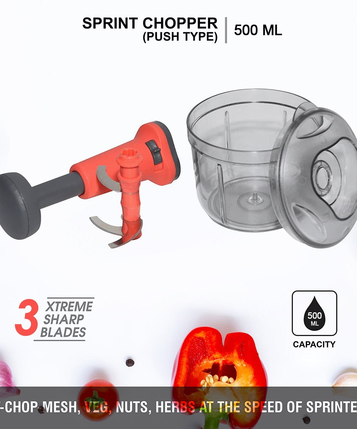 Manual hand press chopper with matte finish, close-up of blades