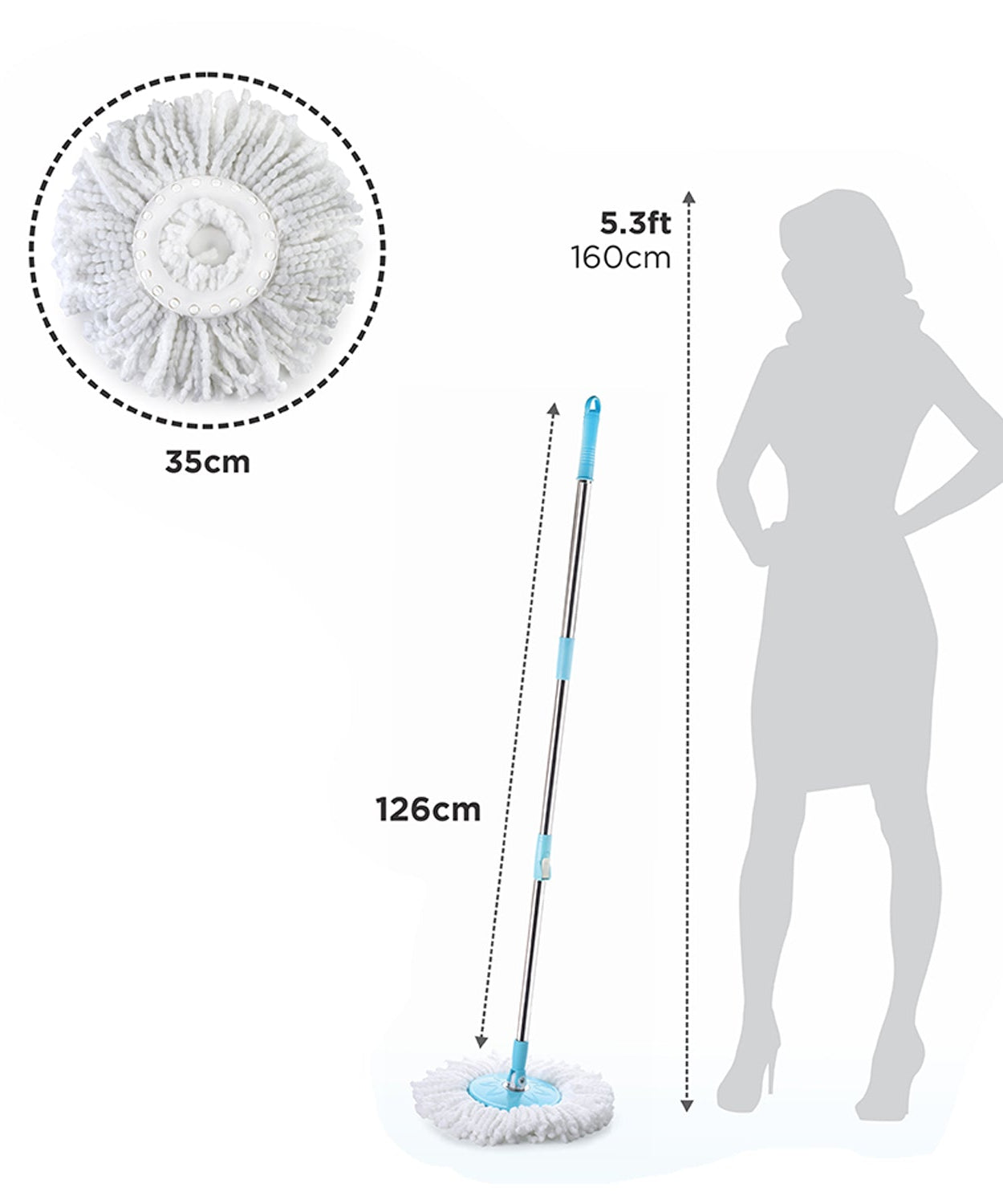 Spin mop with auto-fold handle and big wheels by Ganesh, shown from various perspectives.