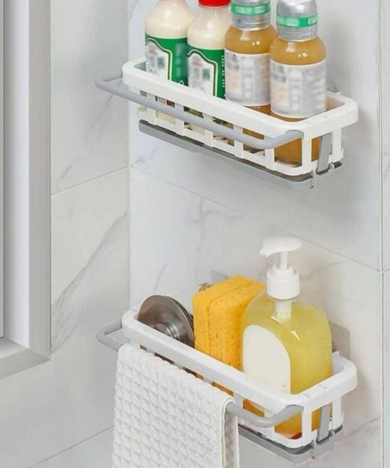 Multipurpose Platic Hanging Drain Rack Retractable Sponge Storage Hanging Rack With Adhesive Hook for Kitchen and Bathroom Dishcloth Holders Basket Drying Tray Organizer