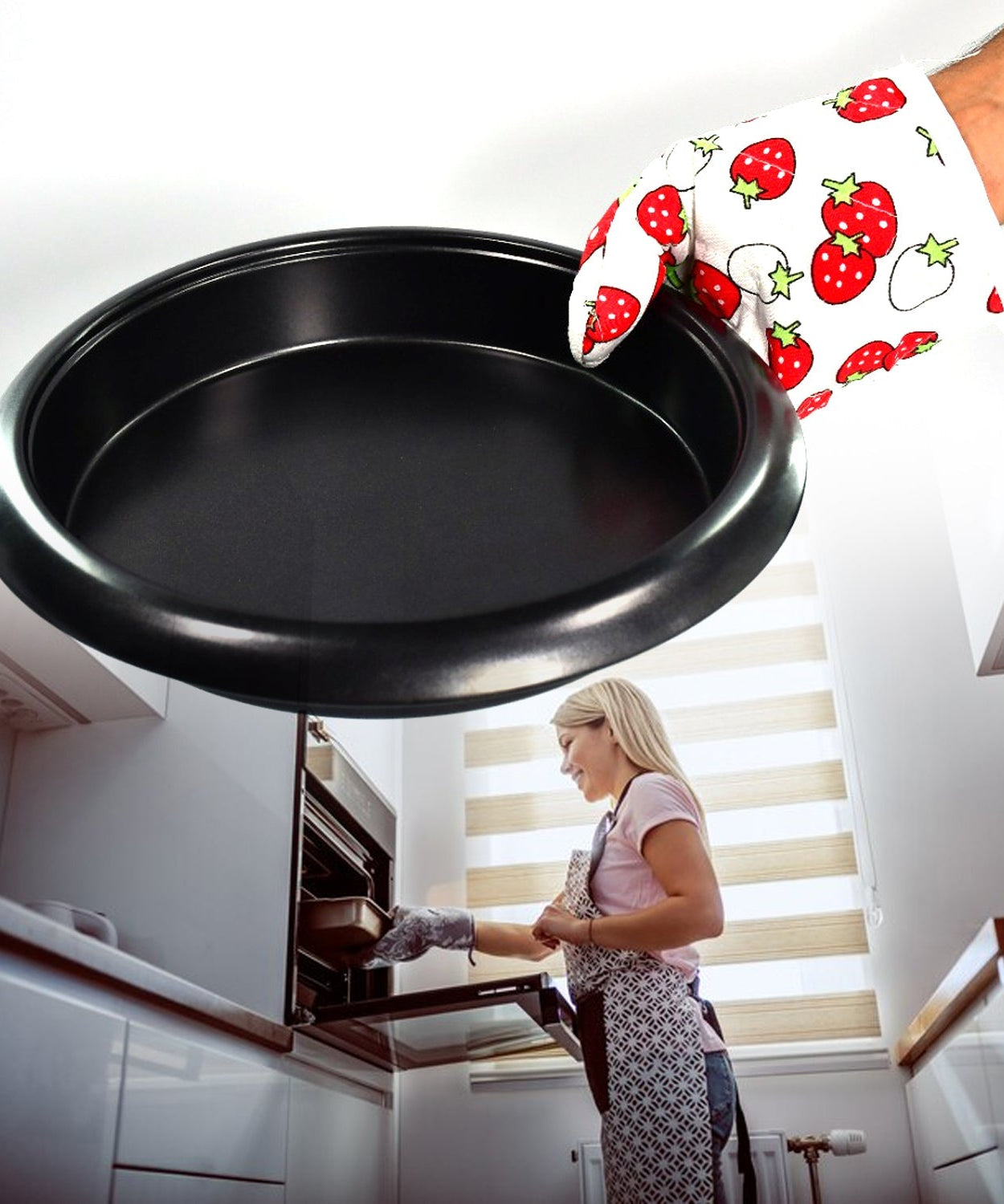 Oven mitt and pot holder set in stylish multicolor design, heat resistant.