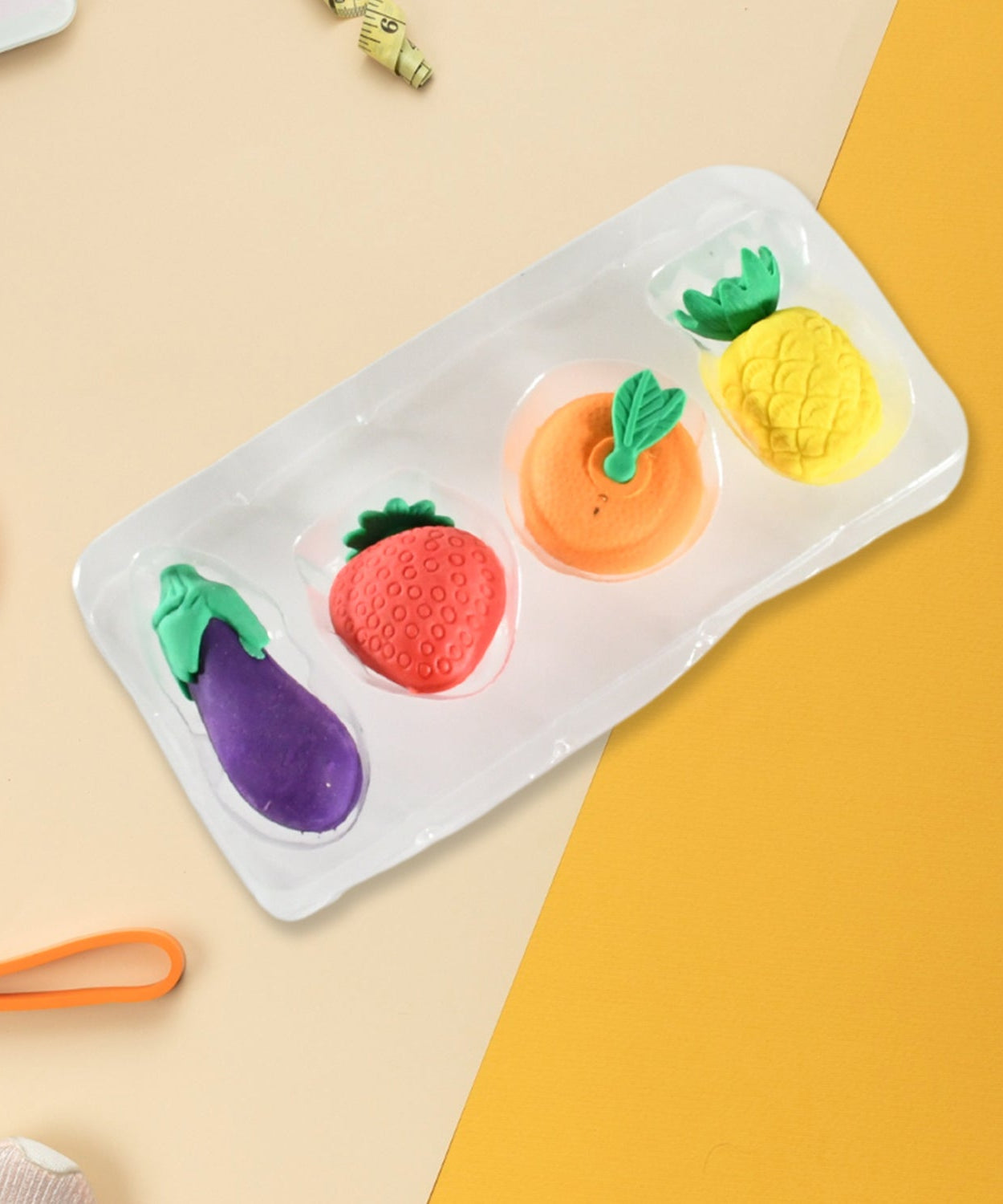 Mini Cute Veg & Fruit Erasers – 3D Colorful Eraser Set for Kids (4 Pc)