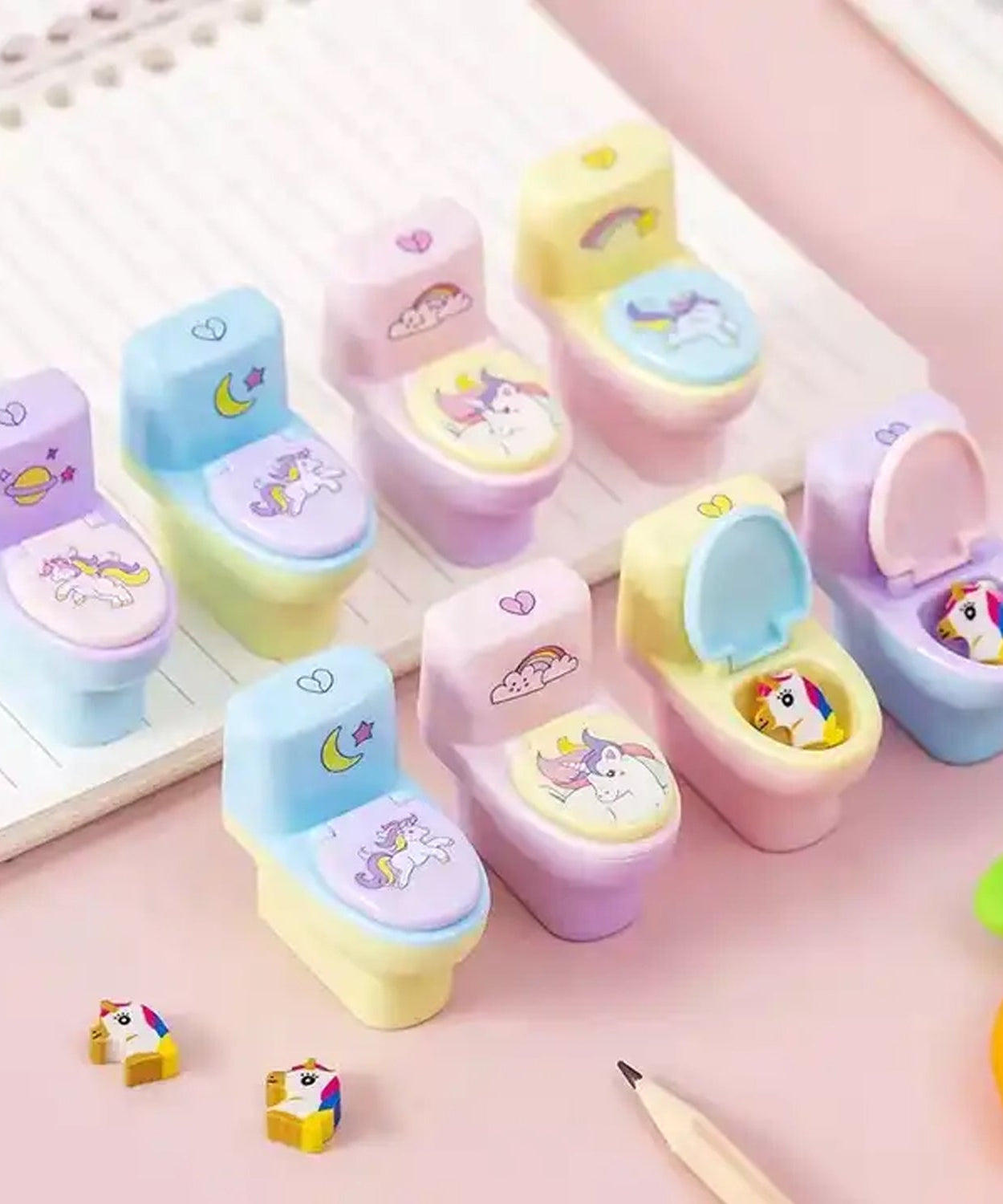 Fun toilet sharpener set, includes pencil sharpener and eraser