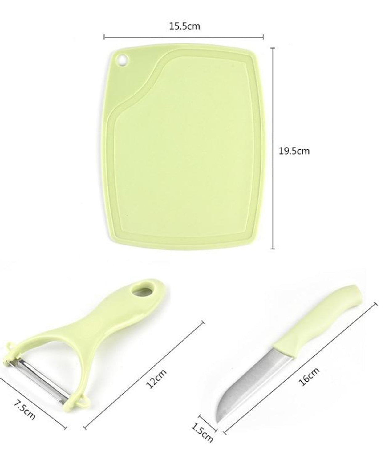 Plastic Kitchen Peeler - Green & Classic Stainless Steel 3-Piece Knife Set Combo