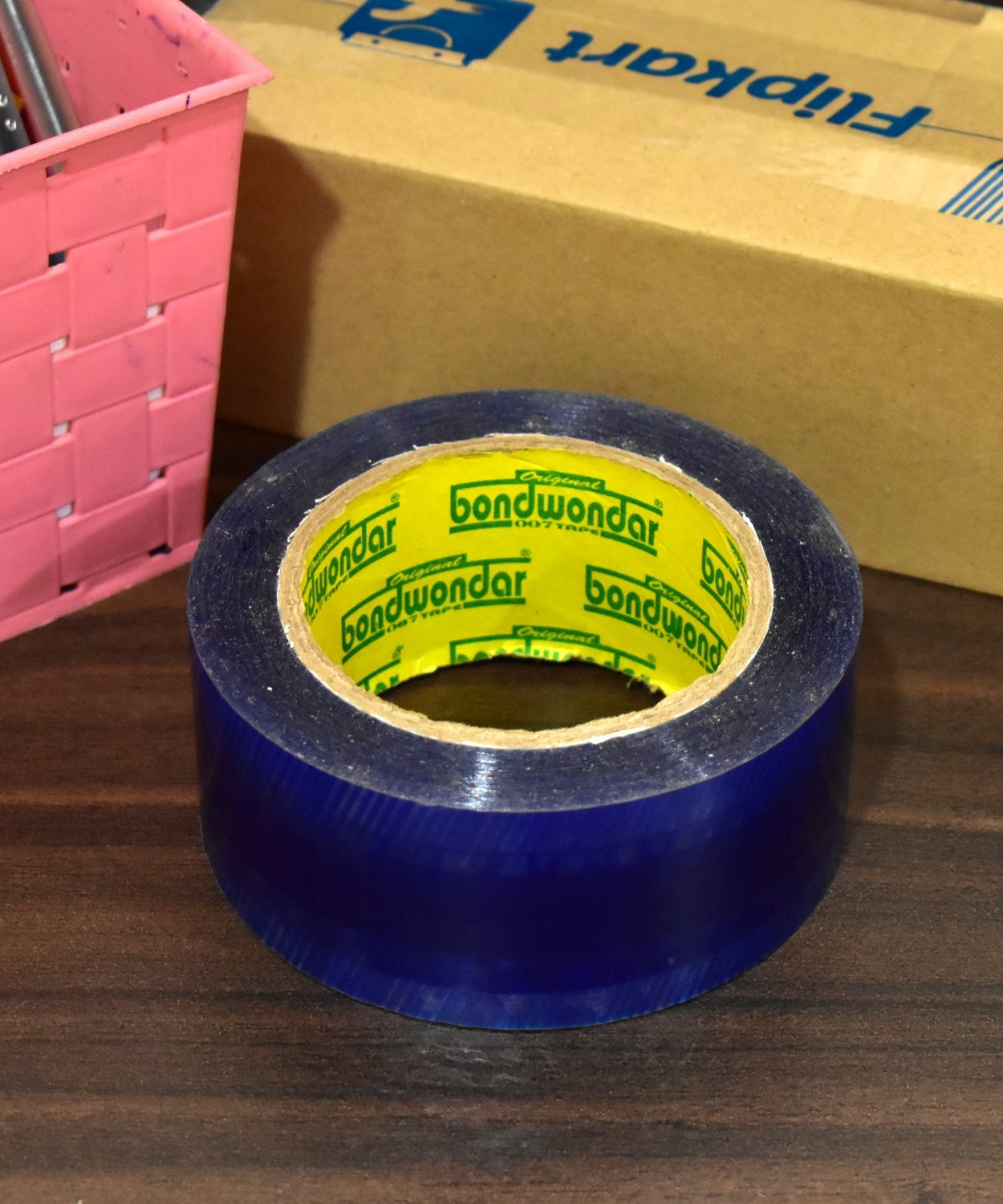 Blue shipping tape featuring Flipkart branding.