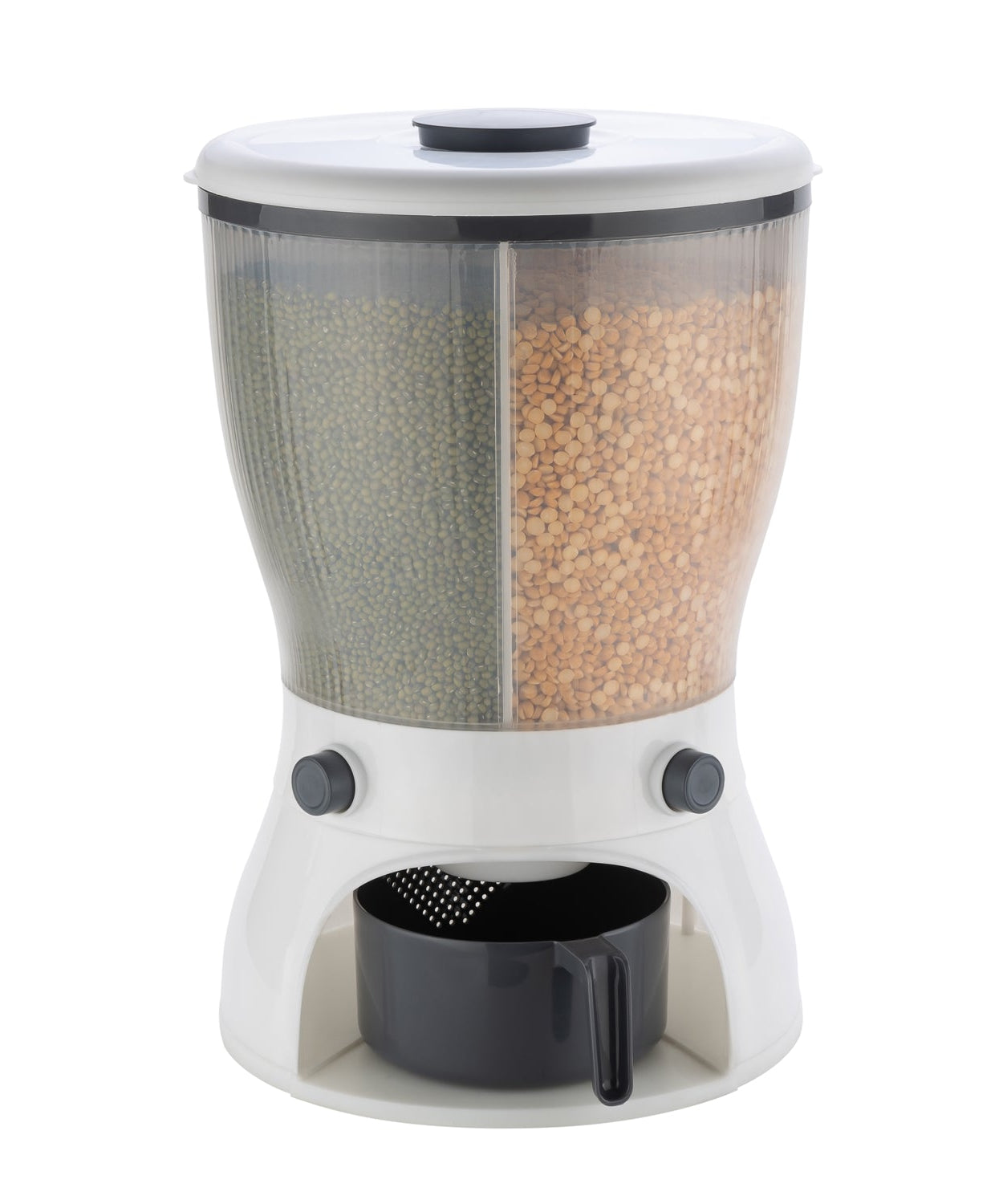 Rice dispenser with a clear view of its storage capacity.