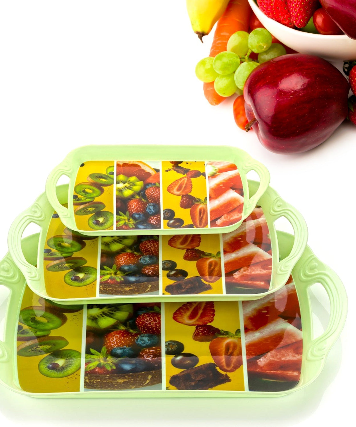 Multicolour serving tray set, includes small, medium, large sizes, perfect for entertaining.