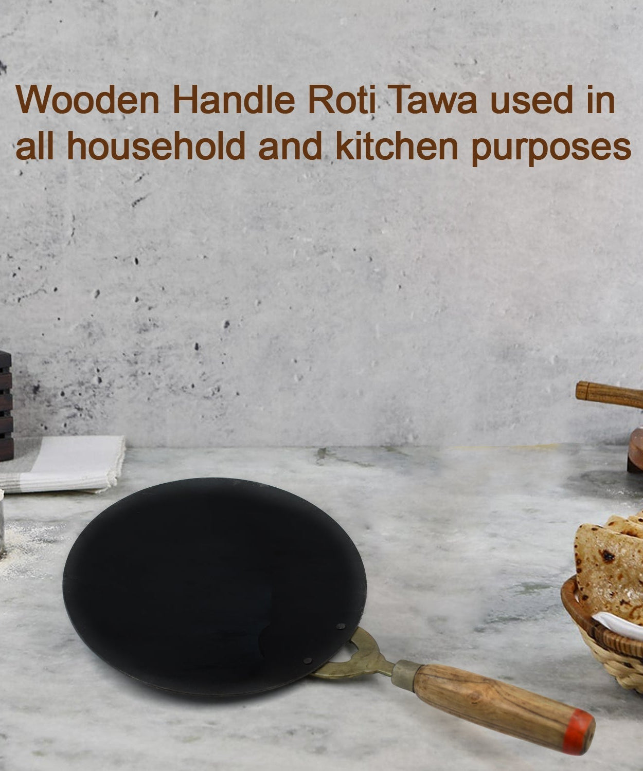 Nonstick roti tawa with wooden handle, perfect for daily use in kitchens.