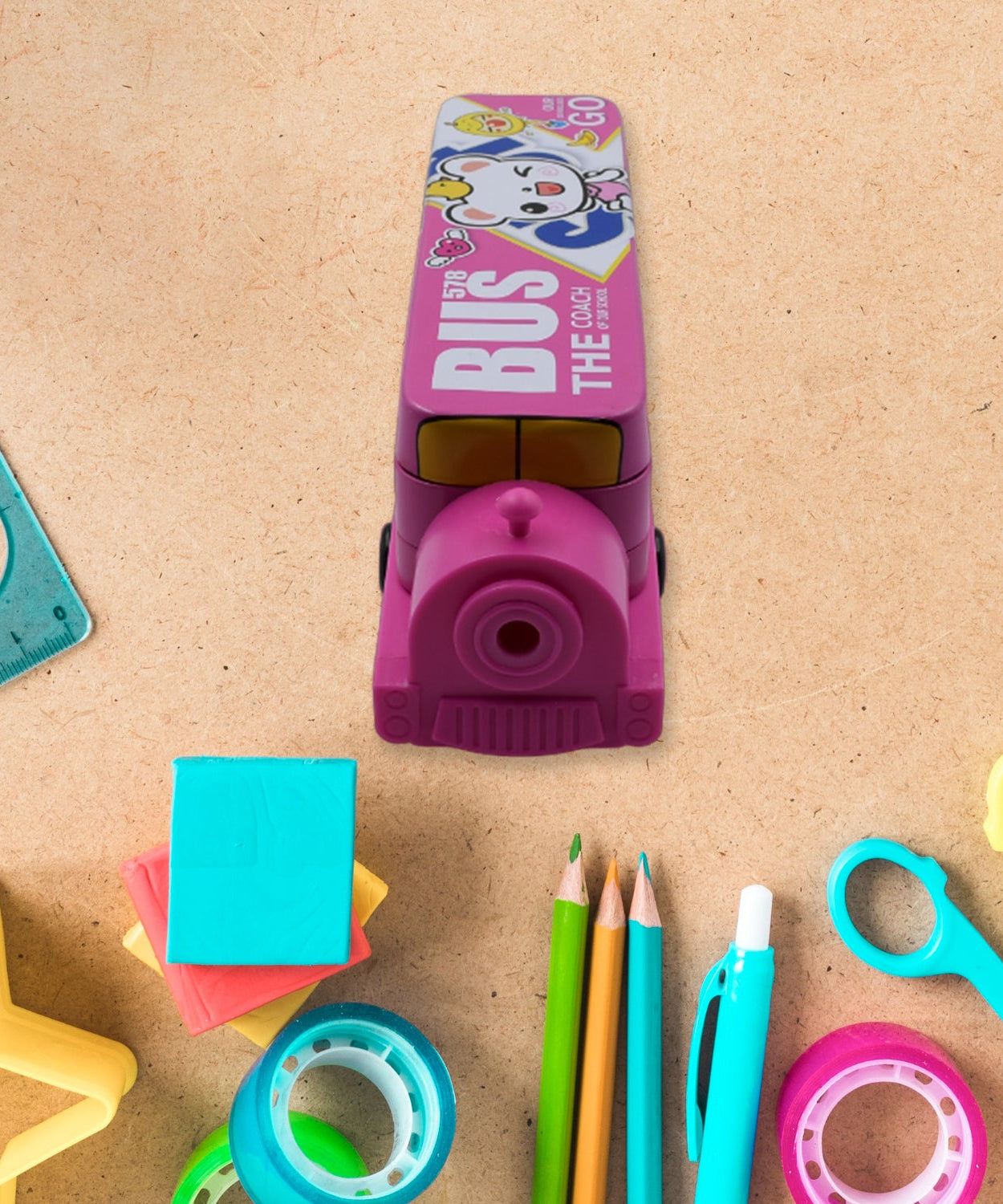 Double decker pencil case with sharpener, bus design.