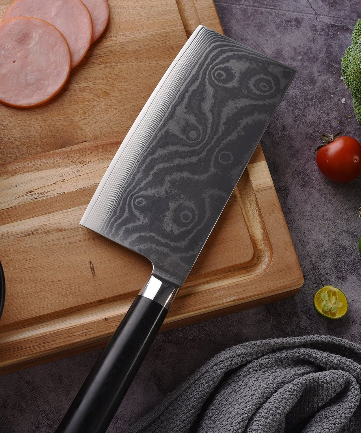 Stainless Steel Chef Damascus Cleaver Vegetable Knife with Plastic Handle & Cover, Multipurpose Use for Kitchen or Restaurant (12 Inch)