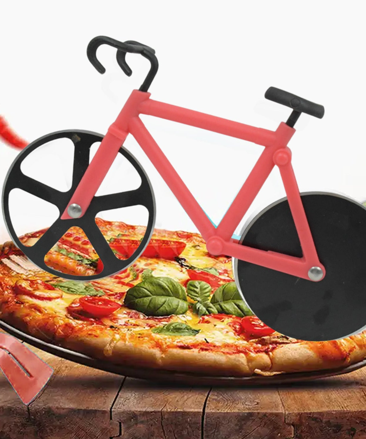 Bicycle-themed pizza cutter with strong stainless steel blades for easy slicing.