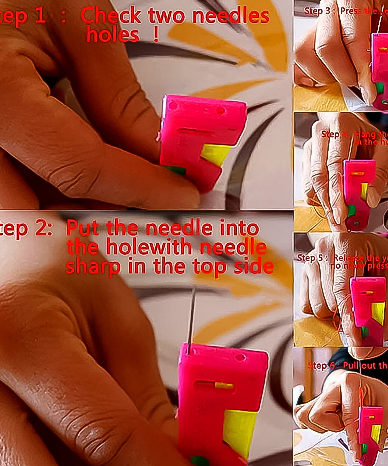 Needle threading device in multicolour with a needle, thread, and threading instructions