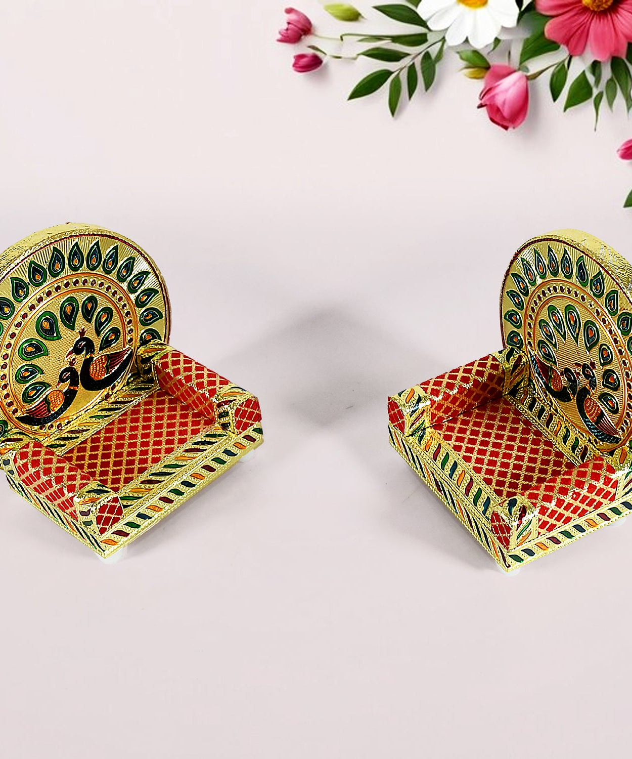 Meenakari Work Laddu Gopal Singhasan  / Sihasan for Pooja Mandir Wooden Krishna Ladoo Bal Gopal Sofa Asan, Home Decorative Premium Look Decorative Singhasan Suitable For Home, Office, Restaurant (2 Pc Set)