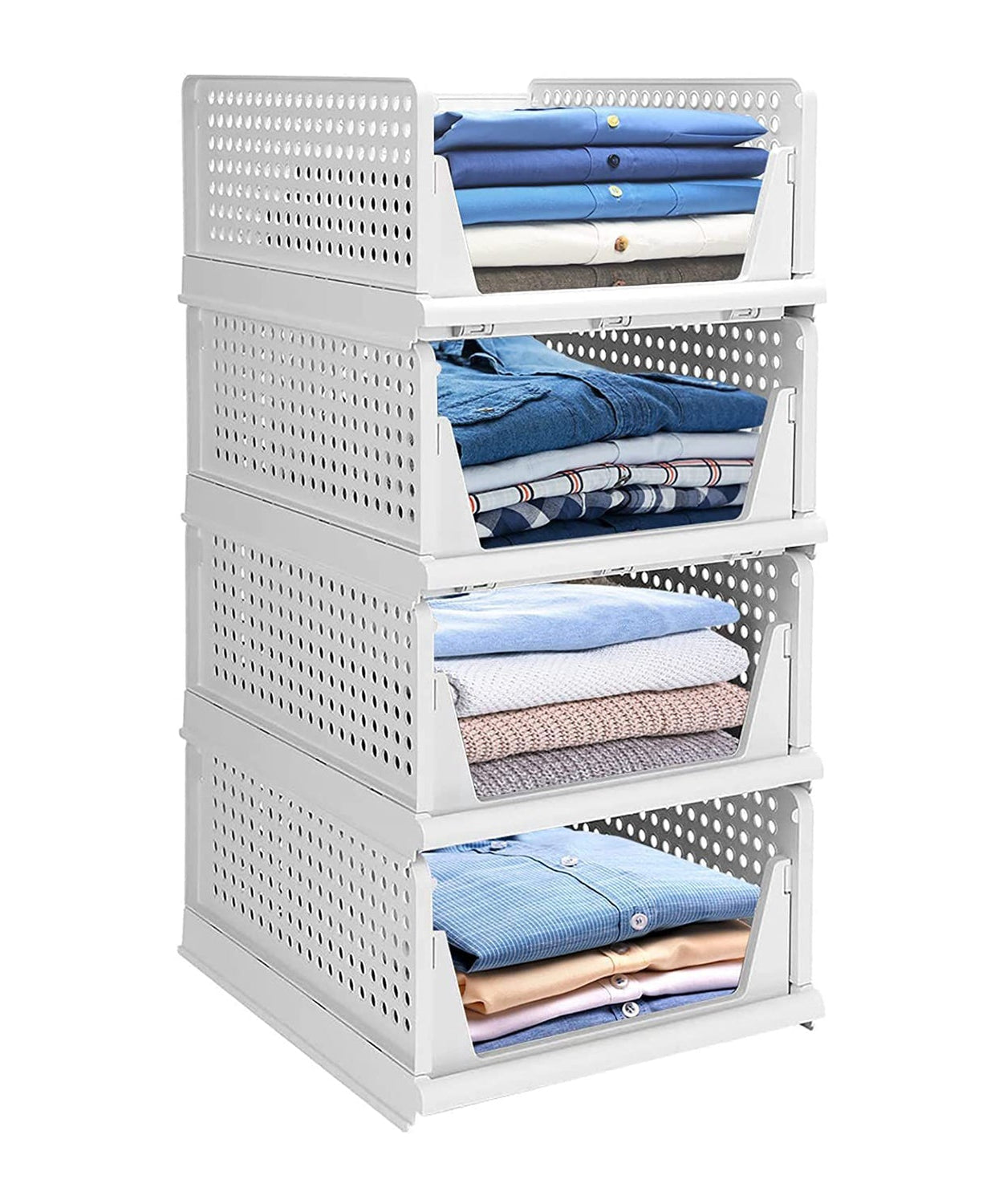 Multi-purpose plastic drawer organizer, 4-layer design, foldable and stackable for closets.
