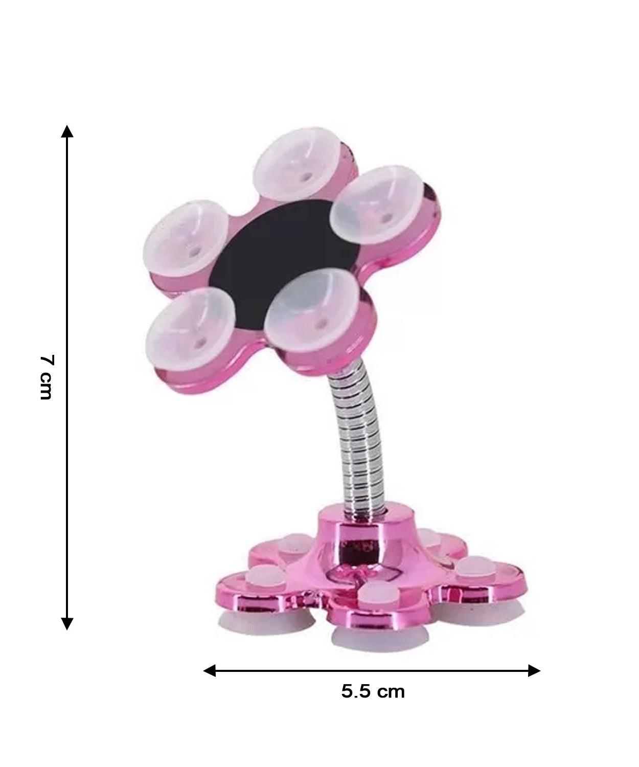 Phone holder with 360° rotation and suction cups.