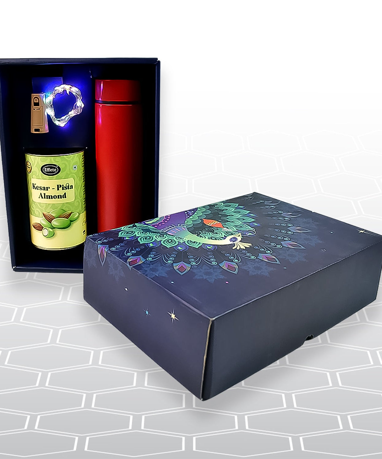 Personalized Temperature Water Bottle, Decorative Light & Kesar-Pista Almond Chocolate (With Attractive Peacock Box / 3 Pc Set)