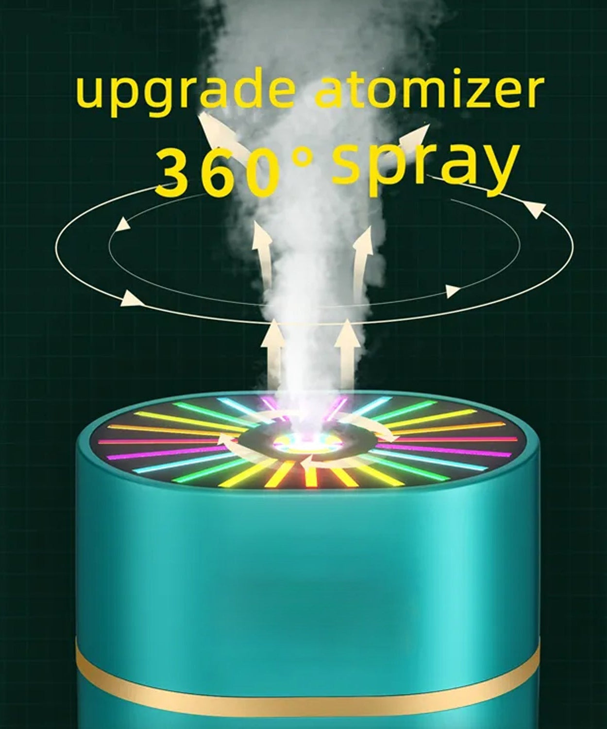 Compact humidifier with colorful lights, ideal for use in a bedroom or car.