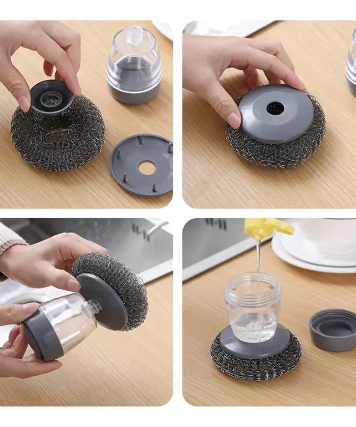 Side view of a palm brush with integrated soap dispenser for easy dishwashing