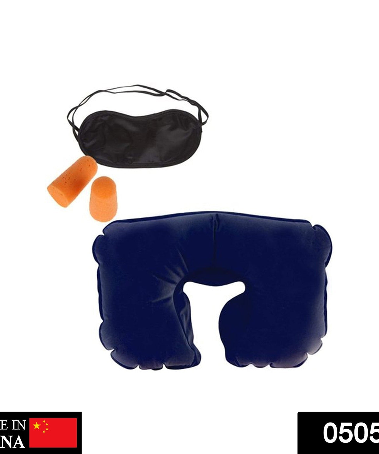 Travel kit with pillow, ear buds, and eye mask.