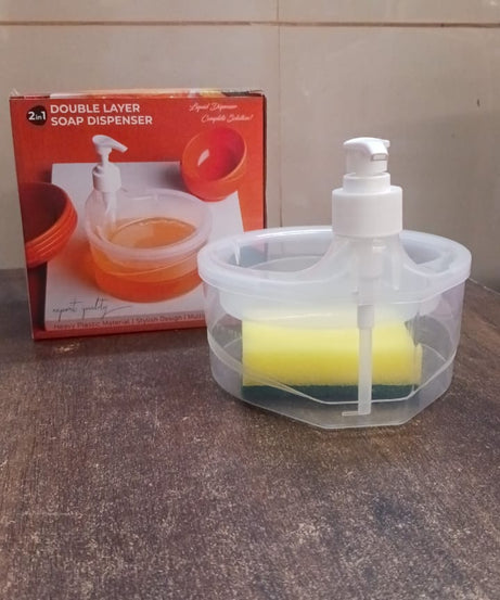 2-in-1 Double Layer Liquid Soap Dispenser with Pump & Sponge – Practical Kitchen & Hotel Sink Soap Pump Bottle (Rectangle)