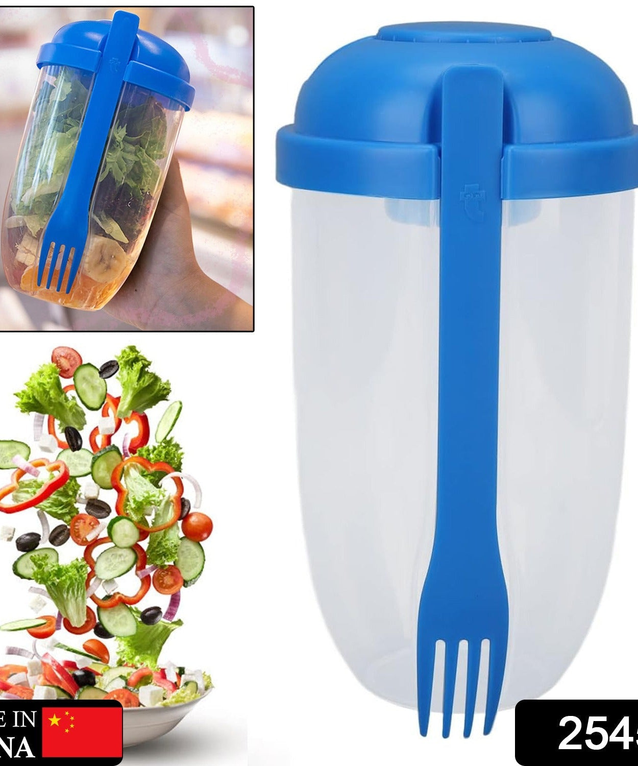 Salad cup with mixing feature, great for business travel