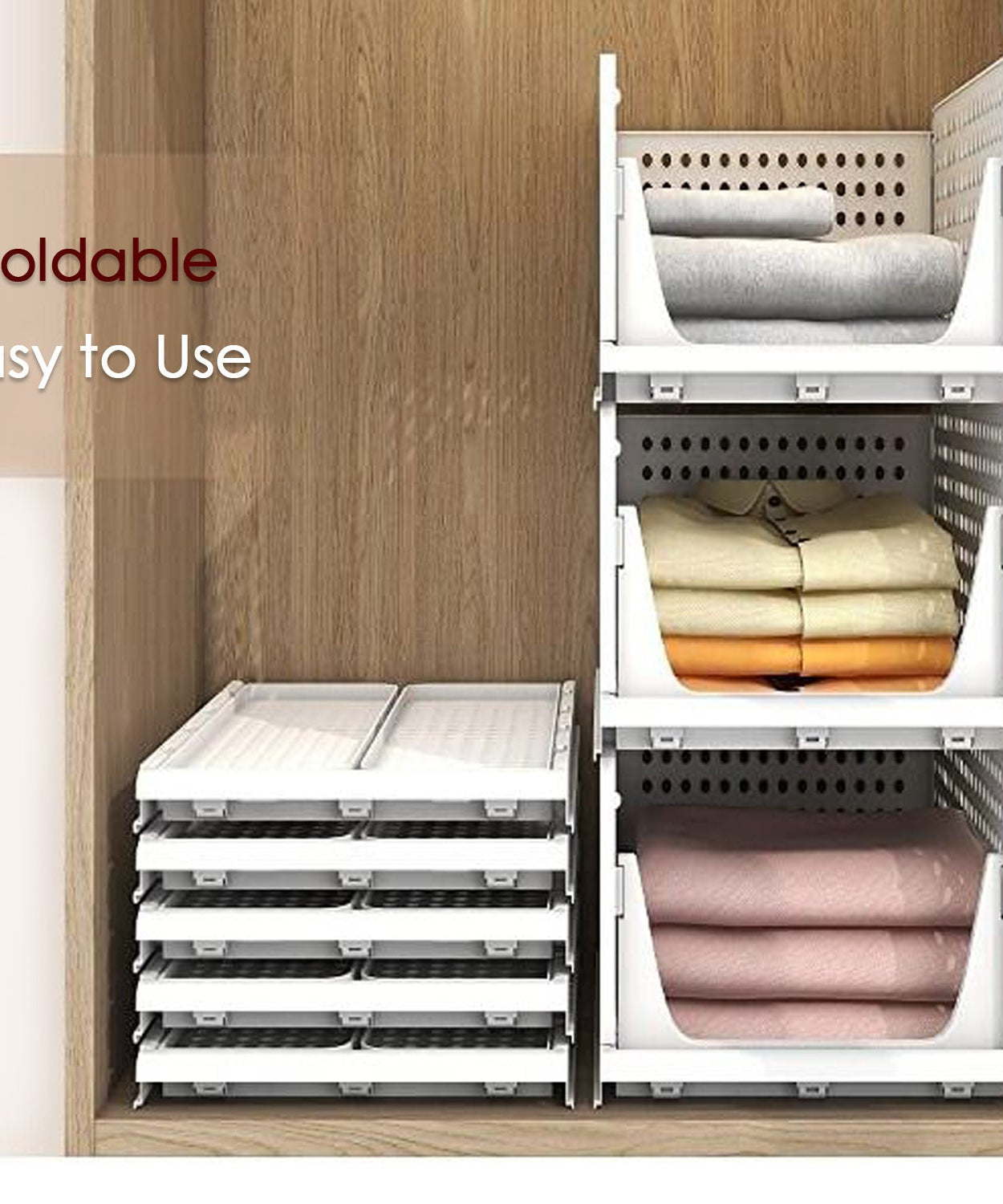 3-layer clothes organizer, foldable and stackable for efficient wardrobe storage.