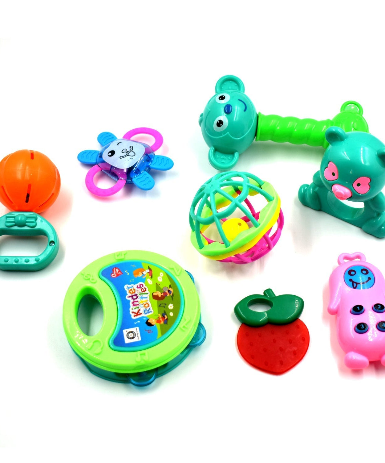 Set of sensory baby rattles with different textures and colors for infants.