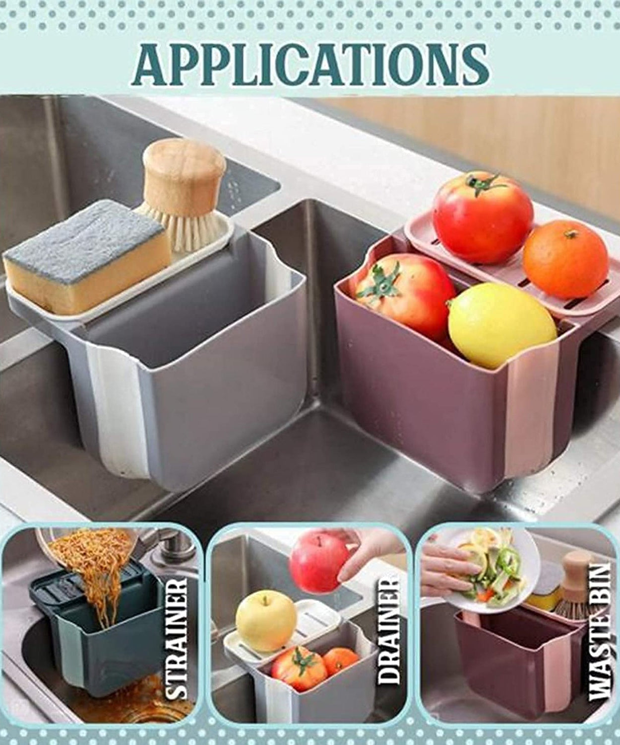 Kitchen sink strainer basket in use, draining food scraps