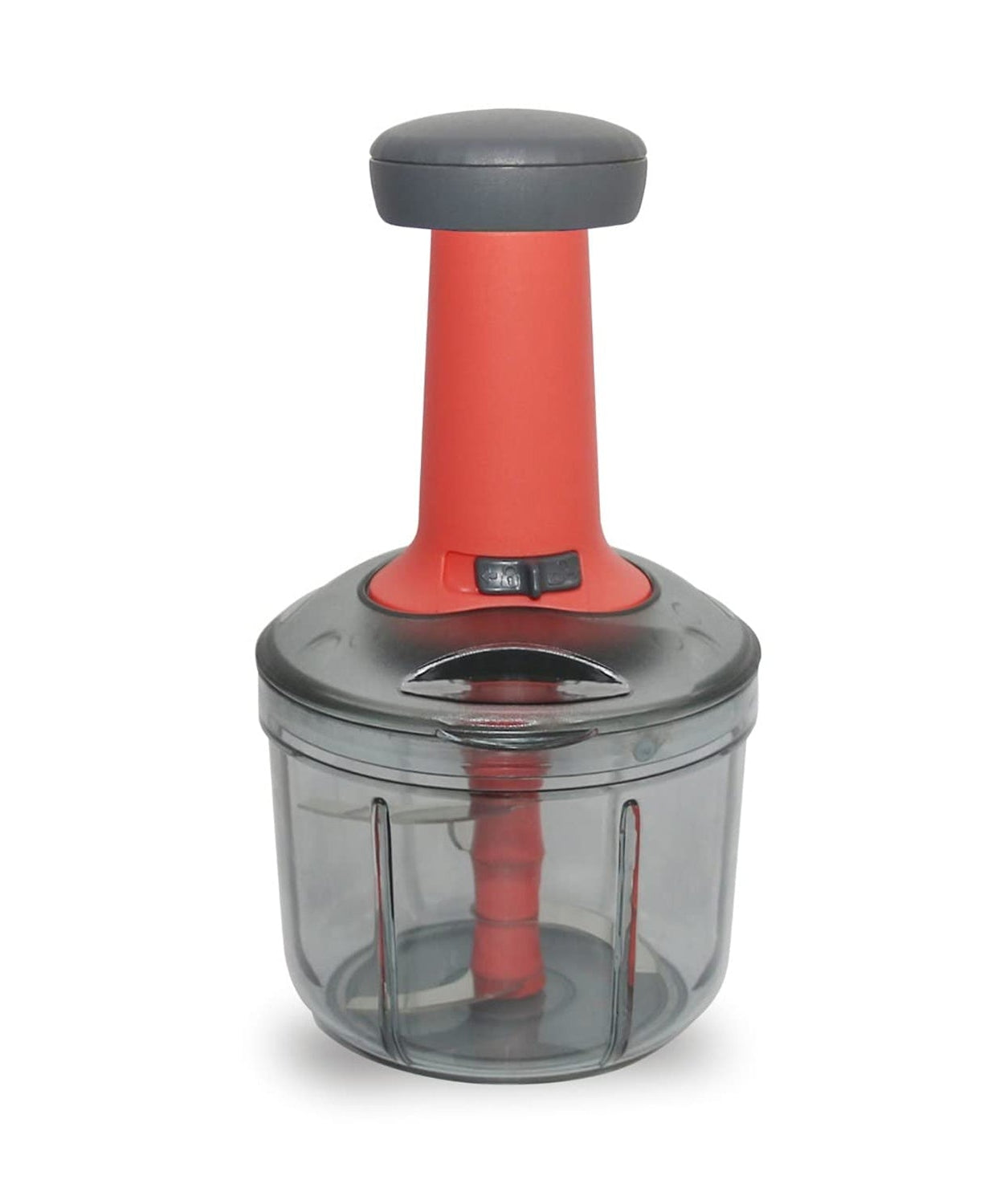 Hand press chopper, matte finish, with 3 blades, side view